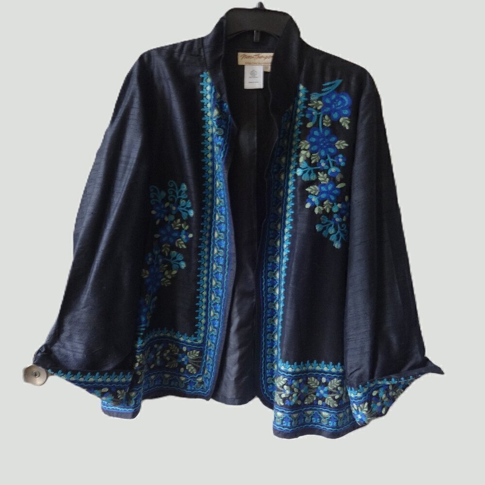 Norm Thompson Silk Black and Blue Floral Blazer 2x